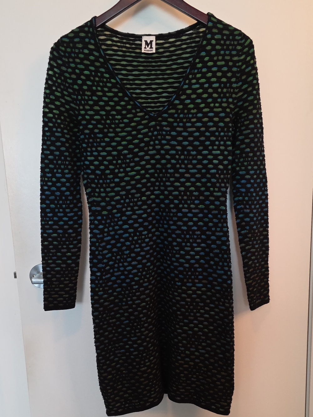 M by Missoni Black Long-Sleeve V-Neck Knit Dress with Green and Blue Dots